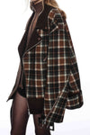 OUDE WAAG 25 Early Autumn Oversized Plaid Motorcycle Jacket Short Coat OW-OW-25PF-JK03W1BR045-ZLGW Brown Green Plaid